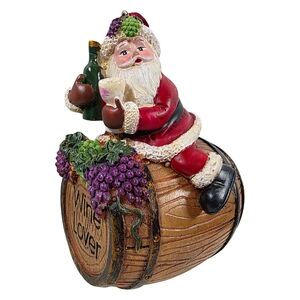 Wine Lover Santa Christmas Ornament 4” Resin Wine Barrel Holiday Decor